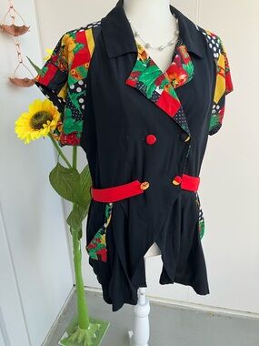 Vintage 80s 90s Short Sleeve Black Blazer Top Patchwork Print Floral Sleeves